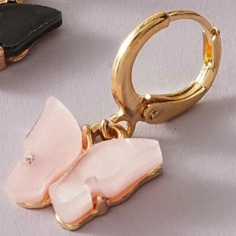 ADORABLE DAINTY PEARLESCENT PINK BUTTERFLY HOOPS - Picture 2 of 3